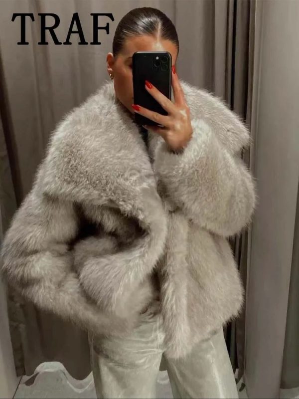 TRAF Faux Fur Cropped Jackets for Women Coats Thick Warm Soft Jacket Woman 2024 Long Sleeve Casual Winter Coat In Outerwear 241115