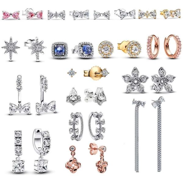 2024 NEW 925 Sterling Silver Sparking Pink Bow North Star Blue Stud Earrings For women Dangle Hoop Drop Earring Christmas Gifts