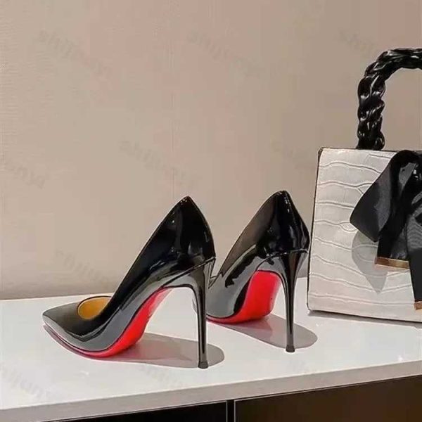 Black Patent Leather Pointed Toe Red Rubber Sole Womens High Heels Party Shoes Sexy Womens Dress Stilettos 2025C241014