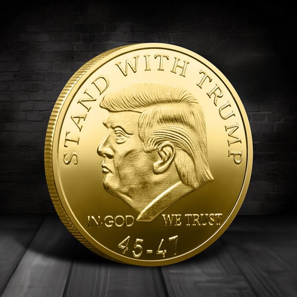 Trump 45-47 Gold Coin Stand with Trump Craft Metal Badge