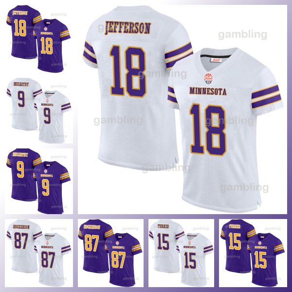 18 Justin Football Stitched Jefferson Jerseys 9 J.J. McCathy 33 Aaron 87 T.J. 3 C.J. Ham Darrisaw Smith Sam Darnold Embroidery Football Jerseys