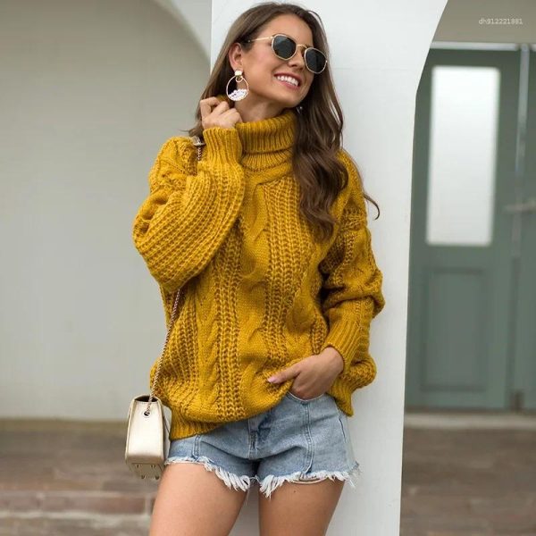 Women's Sweaters 2024 Autumn Winter Amazon Cross-border Casual Knitted Top Thick Cable Knit Polo/turtle Neck Sleeve Pullover Sweater Women