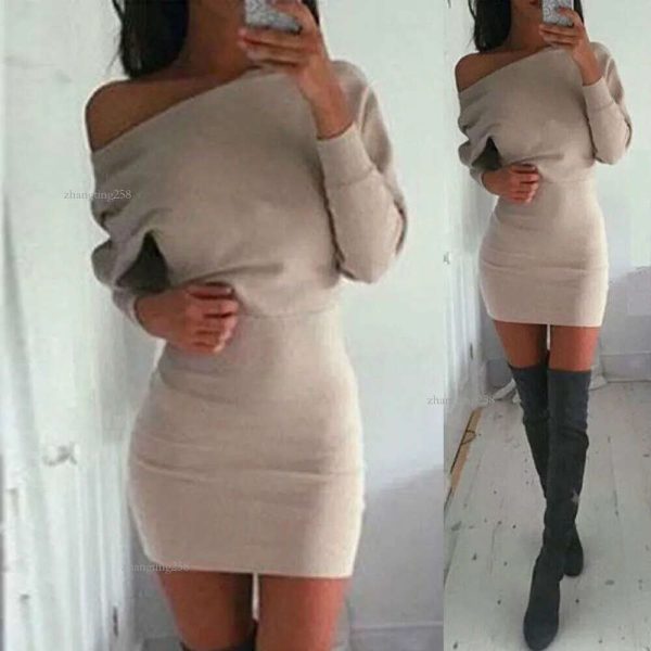 Women Winter Off Shoulder Sexy Long Sleeve Sheath Package Hip Sweater Slim Bodycon Slim Fits Midi Dress