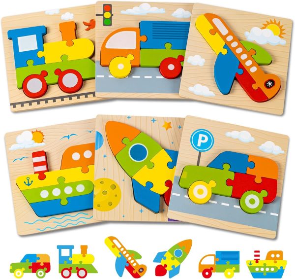 Wooden Vehicle Puzzles Toy Gift for 1, 2, 3 Years Old Boys Girls