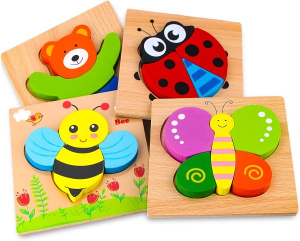 Wooden Animal Puzzles for Toddlers 1 2 3 Years Old, Boys Girls Educational Toys Gift with 4 Animal Patterns