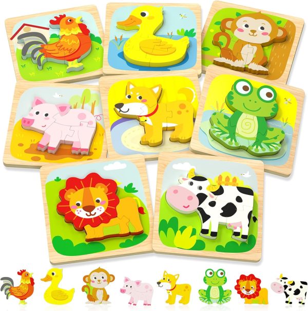 Wooden Puzzles Toddler Toys for 1 2 3 Year Old Boy Girl, 8 Packs Animal Toddler Puzzles Preschool Educational Learning Montessori Toys Age 1-3