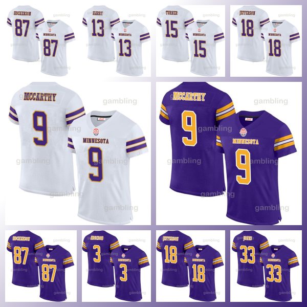 9 Mccarthy 2024 Mens/Youth Custom Football Stitched Jerseys 33 Aaron 18 Jefferson 87 T.J. 3 C.J. Ham Darrisaw Smith Sam Darnold Hot Sale Embroidery Football Jerseys