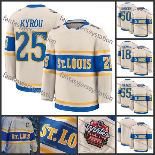 2025 Blue Winter Classic 50 Binnington 18 Thomas 25 Kyrou 55 Parayko Custom Jersey Men's Embroidered V-Neck Long Sleeve Ice Hockey Jersey Size S-XXXL