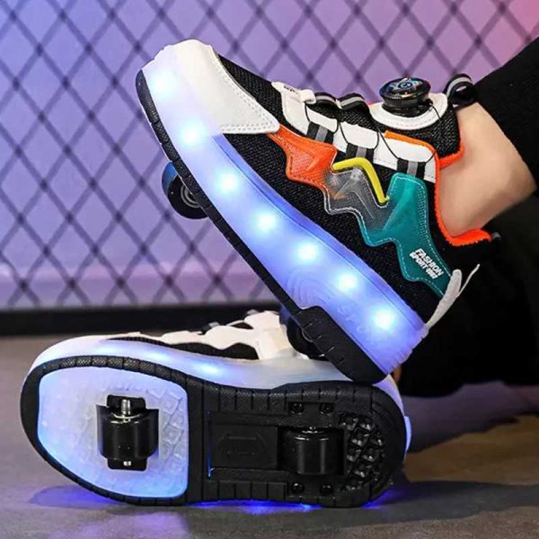 Athletic Outdoor Boys sneakers rotating button light roller skating pulleys shoes elementary childrens shoes Kids walking LED light shoes Girls H241122