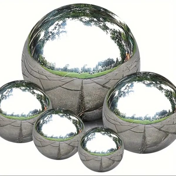 5Pcs Mix Stainless Steel Gazing Ball, Polished Ornament Sphere, Hollow Floating Reflective Hemisphere, Silve