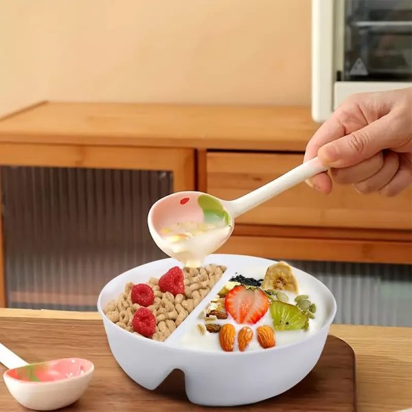 6 Pcs Breakfast Set Includes 2 BPA-free Divided Snack Bowls And 4 Ceramic Strawberry Spoons