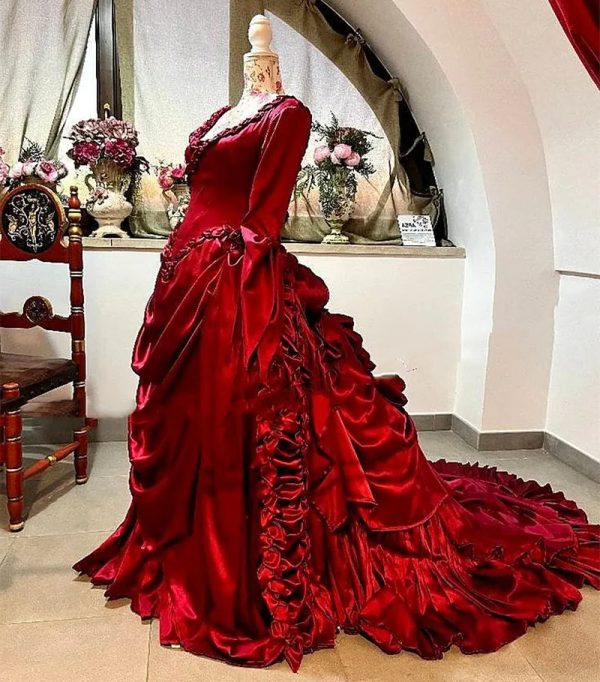 Vintage Victorian Dark Red Evening Dresses Ruched Long Train Bow Design V-Neck Long Sleeves Women Prom Costume Formal Events Gown Customized