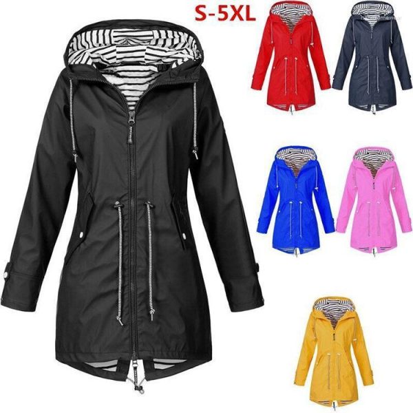 Women's Waterproof Windbreaker Jacket - Hooded Raincoat, Casual Outdoor Coat, Polyester, S-5Xl, Spring Autumn, Navy Blue, Red, Black, Yellow, Fuia B4