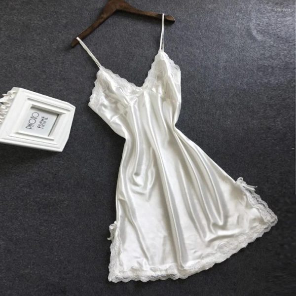 Women's Sleepwear Women Satin Sexy Bowknot Chemises Sleepdress Lace Panel V Neck Babydolls Charming Night Dress Solid Sling Lingerie Pijama