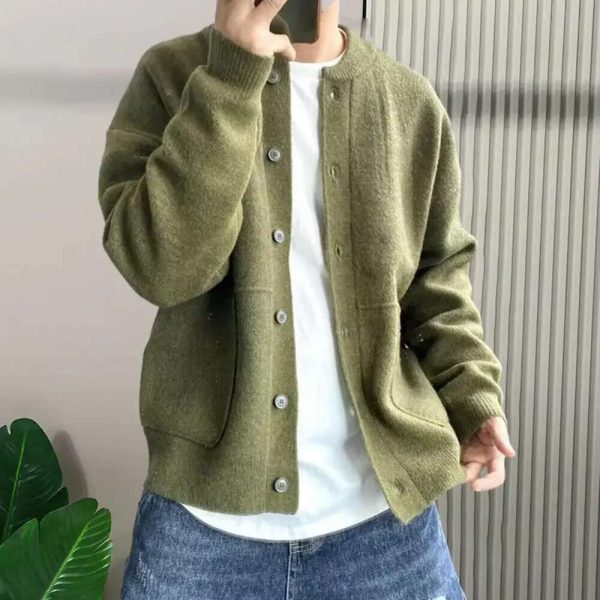 Autumn Winter Thick Warm Men's Round Neck Knitted Cardigan Single-breasted Solid Sweater Casual Loose Coat Men