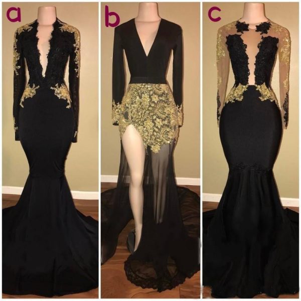 Black Prom Dresses Black And Gold Long Sleeve Formal Party Dress Mermaid Evening Gowns Real Photos