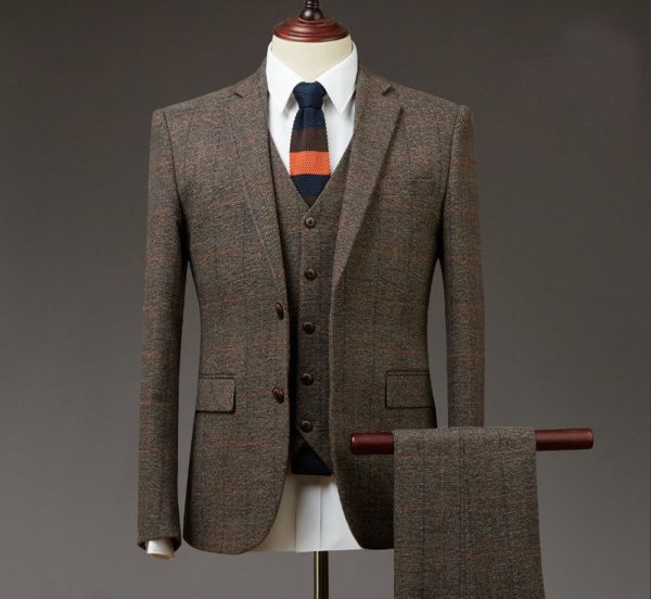 2019 Brown 3 Piece Mens Suits Tweed Wool Check Suits Regular Fit Groom Tuxedos Custom Made