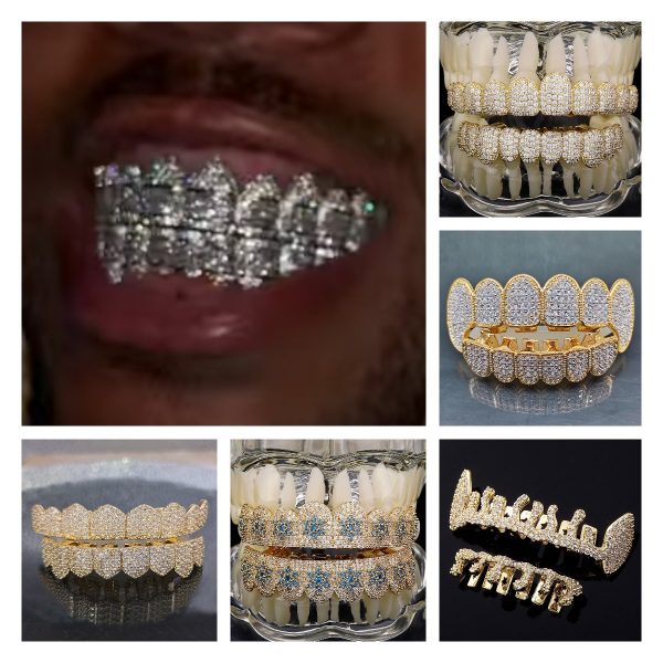 18K Real Gold Punk Hiphop Dental Mouth Grillz Braces Bling Cubic Zircon Rock Vampire Teeth Fang Grills Braces Tooth Cap Rapper Jewelry for Cosplay Party Halloween