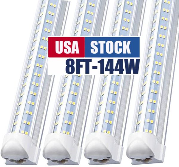 8Ft Led Shop Lights 8 feet Cooler Door Freezer LEDS Tubes Lighting Fixture 4 Row 144W 14400 lm V Shape Fluorescent Clear Cover Linkable Surface Mount Light