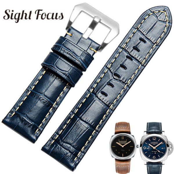 22mm 24mm 26mm Men Replacement Watch Strap Band For Panerai Watch Strap Leather Blue Watchbands Pulseira Relogio W Holder Correa