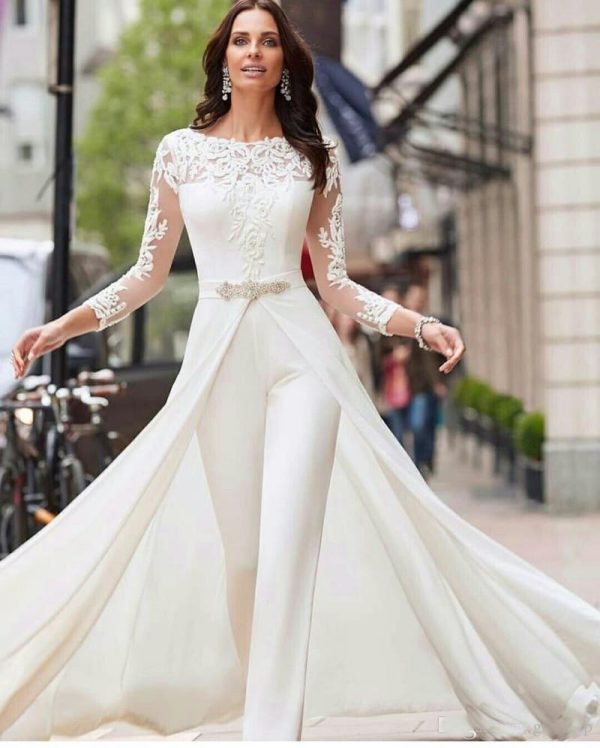 Women Jumpsuits Wedding Dresses Long Sleeves Lace Satin With Overskirts Beads Sash Plus Size Bridal Gowns Pants Suits Vestidos De Novia