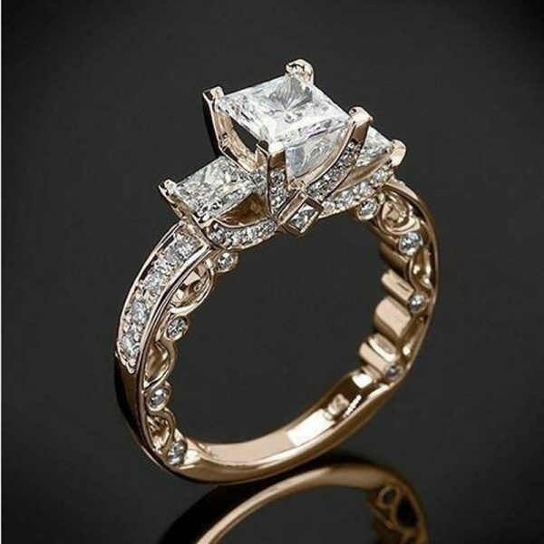 Victoria Wieck Vintage Jewelry 925 Sterling Silver&Rose Gold Fill Three Stone Princess Cut White Topaz CZ Diamond Party Women Wedding Ring