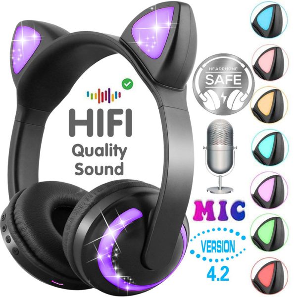 ZW-19 Bluetooth Headphones LED light Cat Ears Headset Wireless Earphone HIFI Stereo Bass headphone for Phones with microphone