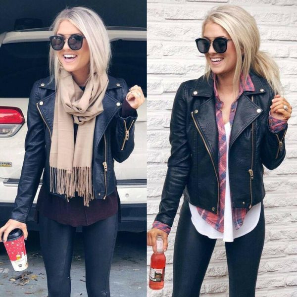 Womens Leather Jacket Motorcycle Biker Zipper Coat Winter Outwear Casual Fashion Style Tops Jacket for Women