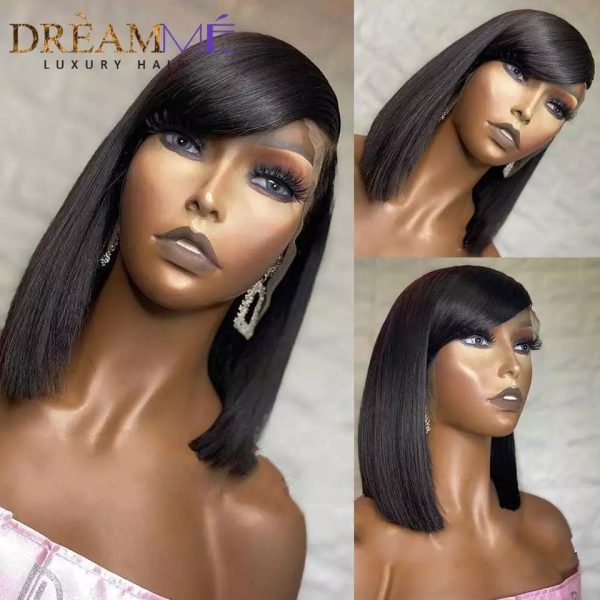 13X4 Lace frontal Wigs Short Straight Bob Human Hair With Bangs 150% Density Synthetic Wigs For Black Women