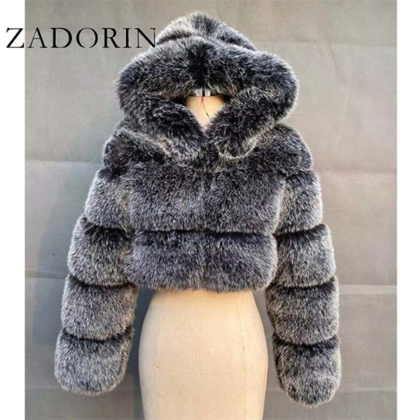 ZADORIN High Quality Furry Cropped Faux Fur Coats and Jackets Women Fluffy Top Coat with Hooded Winter Fur Jacket manteau femme