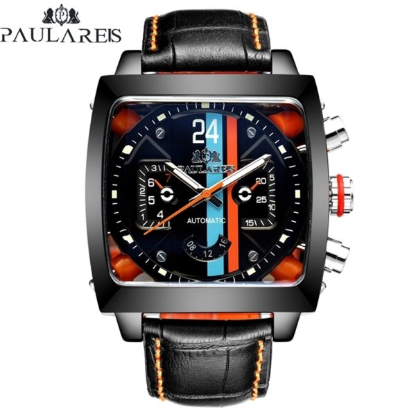 Automatic Self Wind Mechanical Genuine Leather Stainless Steel Black Orange Blue Casual Perspective See Through Men Watch 201218