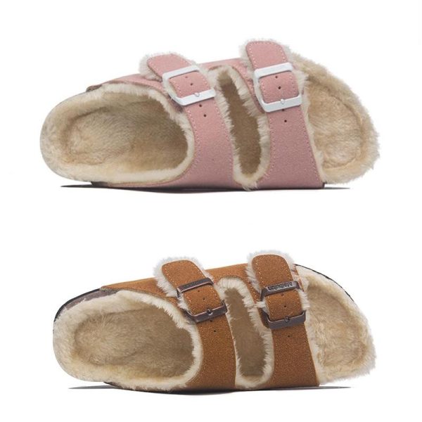 Big Size Wool Fur Cork Slippers Women Double Buckle Band Long Plush Winter Slides Furry Outdoor Footwear Flip Flops