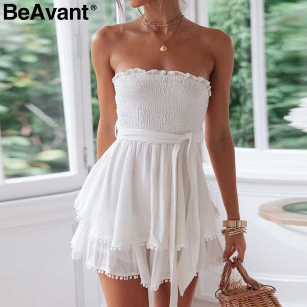 BeAvant Off shoulder cotton linen women rompers Strapless white summer jumpsuit female Holiday beach short overall playsuit 210709