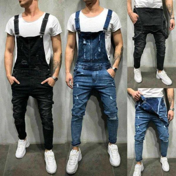 2021 High Quality Men's British Style Denim Bib Pants Full Length Jumpsuits Hip Hop Ripped Jeans Overalls for Men Streetwear X0621