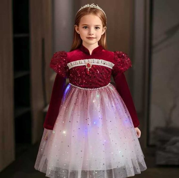 Autumn and winter plus cashmere Korean version of children's dress Lolita princess dress red New Year dress Christmas girl dress Send colorful lights Y241121