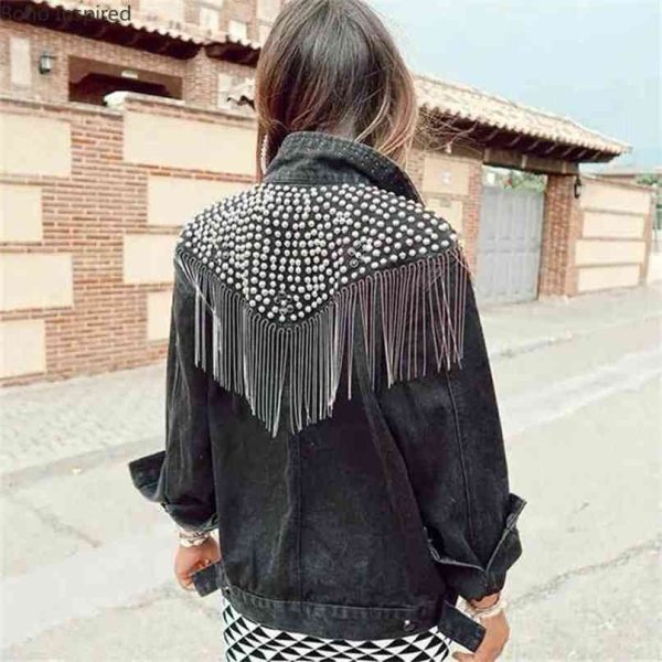 Boho Inspired Studded Fringe Trim Denim Jacket for women vintage black denim jacket Long Sleeve Outerwear Women 210922