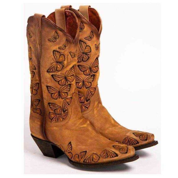 Women's Embroidered Butterfly Cowgirl Boots Western Womens Retro Knee High Handmade Leather Cowboy Large Size J241128