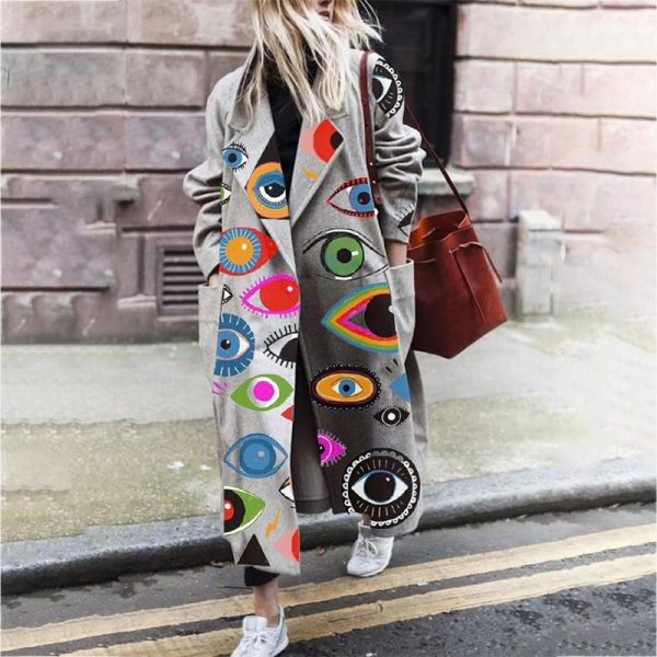 Women's Wool & Blends Vintage Pattern Winter Tweed Long Cardigan Coat Fashion Lapel Pocket Loose Outerwear Autumn Women Sleeve Casual Jacket