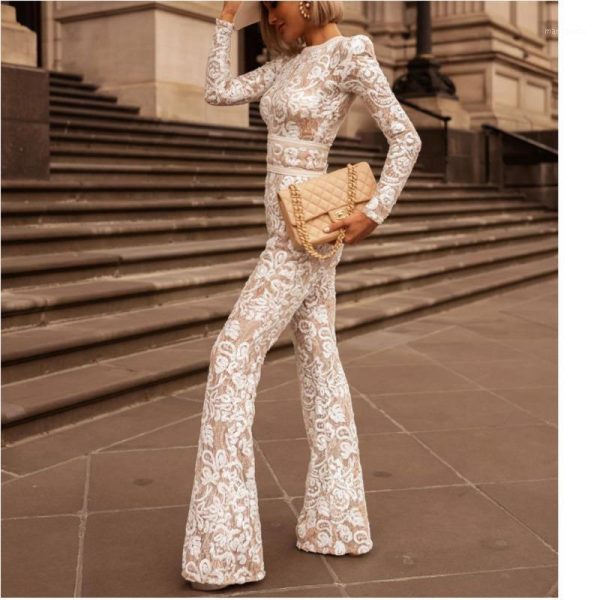 Women's Jumpsuits & Rompers Elegant White Lace Summer Jumpsuit Bodysuit Women Combinaison Femme Womens Mono Mujer Overalls