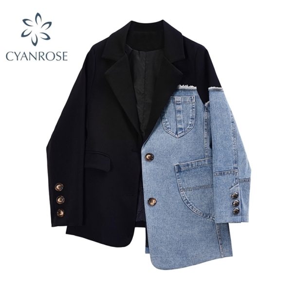 Women Vintage Fashion Blazer Denim Patchwork Jackets Autumn Winter Irregular Coat Long Sleeve Loose Korean Outerwear 211122