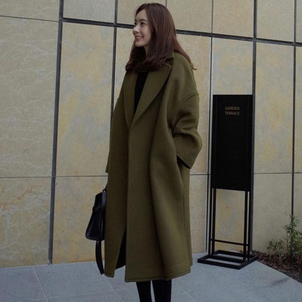 Autumn Winter Solid Color Plus Size Long Wool Coat Pockets Decoration Green Lapel Sleeve Women Thick