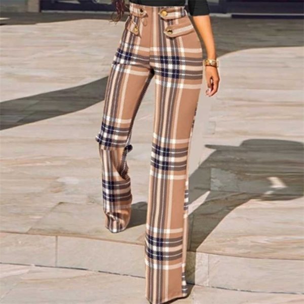 Women Elegant Skinny Straight Pants Spring Houndstooth Plaid Print Trouser All Match High Waist Office Suit Slim Trouser 211216