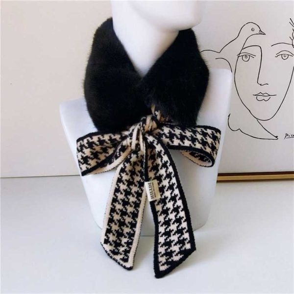 Autumn Winter Houndstooth Fashion Crochet Knitted Scarf Foulard Femme Faux Fur Collar Neck Warmer Scarves for Women 211227