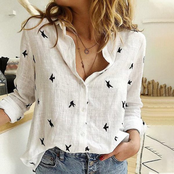 Birds Embroidery Women Shirt Cotton Linen Female Blouse Tops Spring Summer Loose Casual Lady Plus Size 5XL