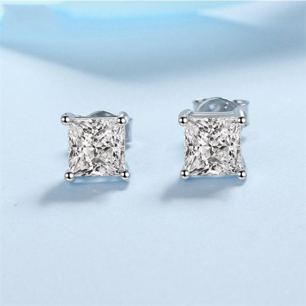 100% Stud Earrings Princess Cut Ear Studs Solid Silver VVS Diamond Earring For Women Men Wedding Jewelry 220114