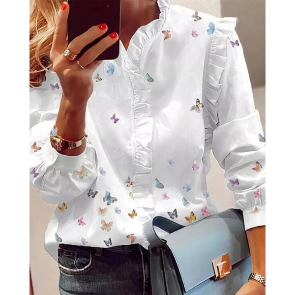 Women's Blouses & Shirts Women Elegant Fashion Butterfly Print Top Ruffled Trim Casual Long Sleeve Blouse