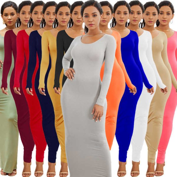 Women Casual Solid Women's sexy nightclub tight stretch one-step long skirt fashion long-sleeved personality dress Q241104