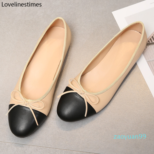 Ballet Flats Classic Shoes Women Basic Leather Tweed Cloth Two Color Splice Bow Round Ballet Shoe Fashion Flats Women Shoes 201013