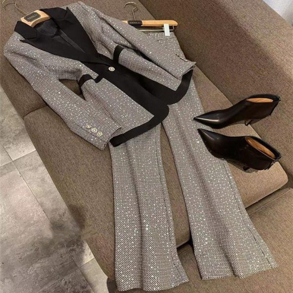 Women's Two Piece Pants 2pcs V-Neck Bling Sequins Matching Outfits Women Lady Office Business Uniform Blazer Flared Suit Set Work Wear