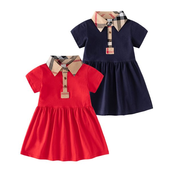 2023 New Summer Girls Princess Dresses Baby Girl Short Sleeve Dress Children Turn-Down Collar Plaid Dress 3 Colors